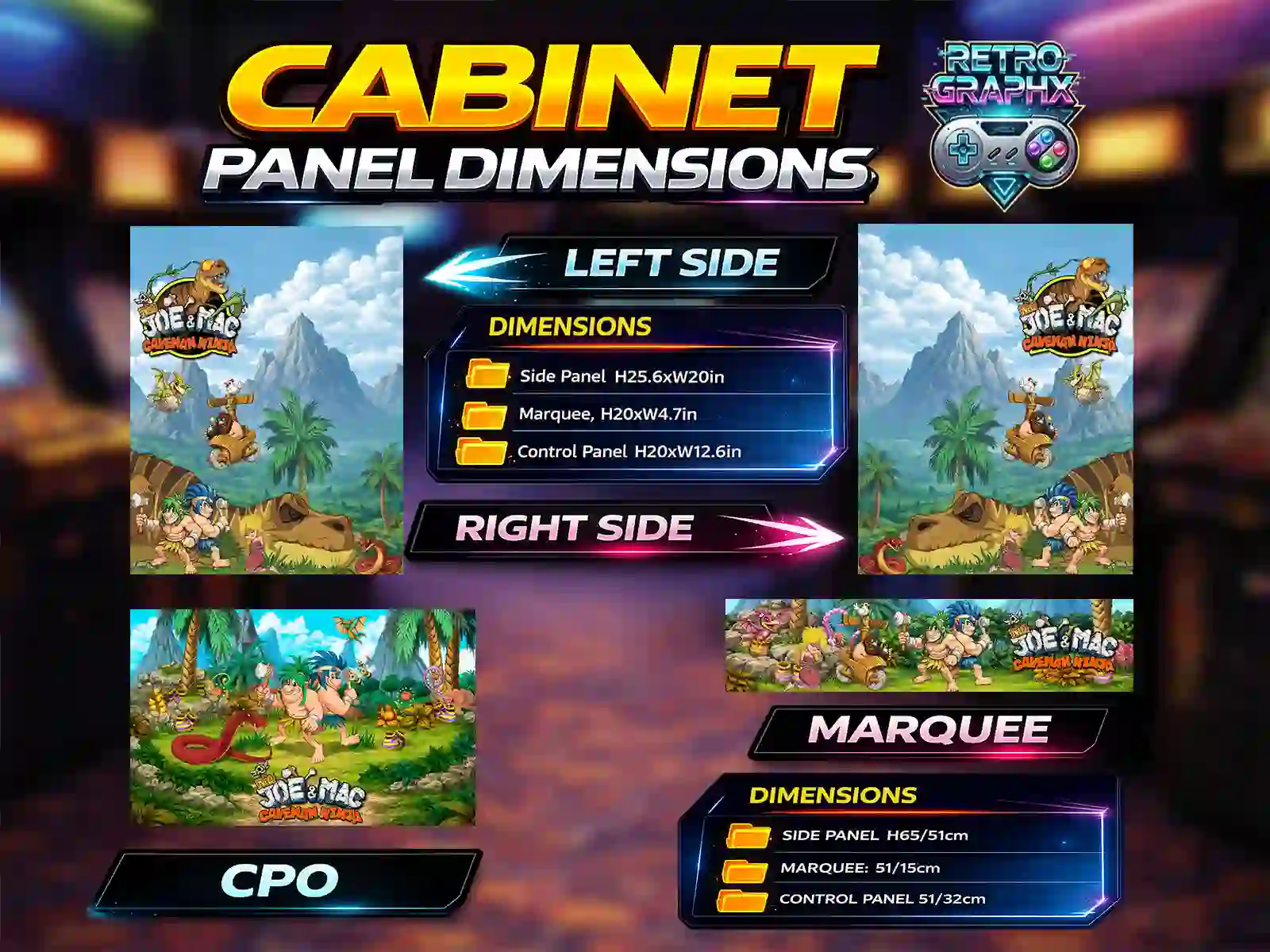 Caveman ninja arcade Design Bartop | Fichiers digitaux PDF PSD graphic kit - full view of bartop