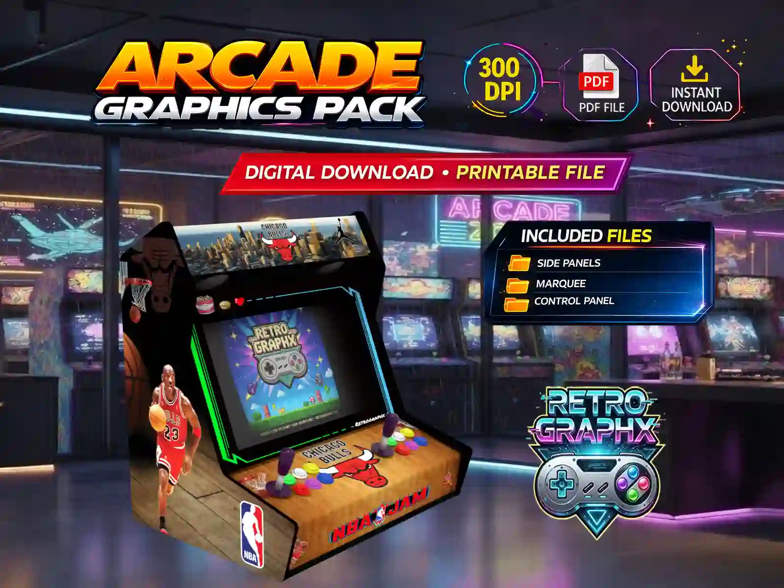 NBA JAM chicago bulls | Design bartop complet | Fichiers digitaux PDF PSD